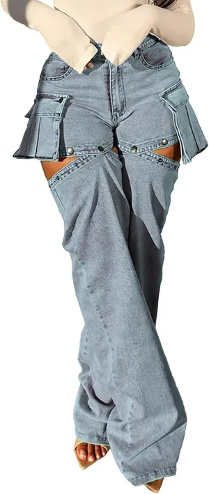Women Cargo Jeans Y2K High Waisted Baggy Cutout Detachable Summer Jean Shorts Streetwear