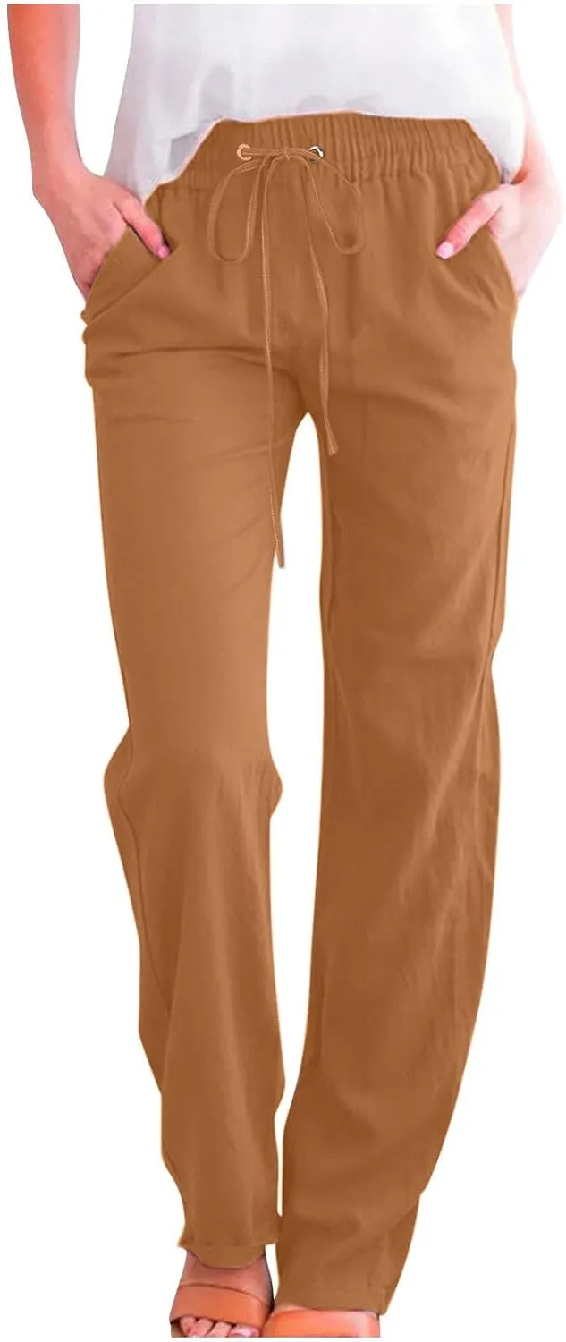Women Cotton Linen Pants Lightweight Straight Leg Trousers Casual Drawstring Elastic Waist Trousers with Pockets