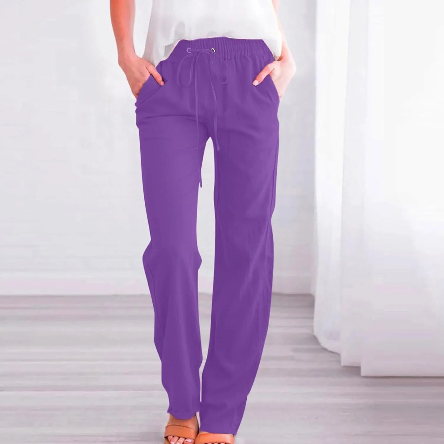 Women Cotton Linen Pants Lightweight Straight Leg Trousers Casual Drawstring Elastic Waist Trousers with Pockets