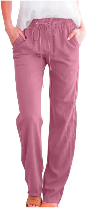 Women Cotton Linen Pants Lightweight Straight Leg Trousers Casual Drawstring Elastic Waist Trousers with Pockets