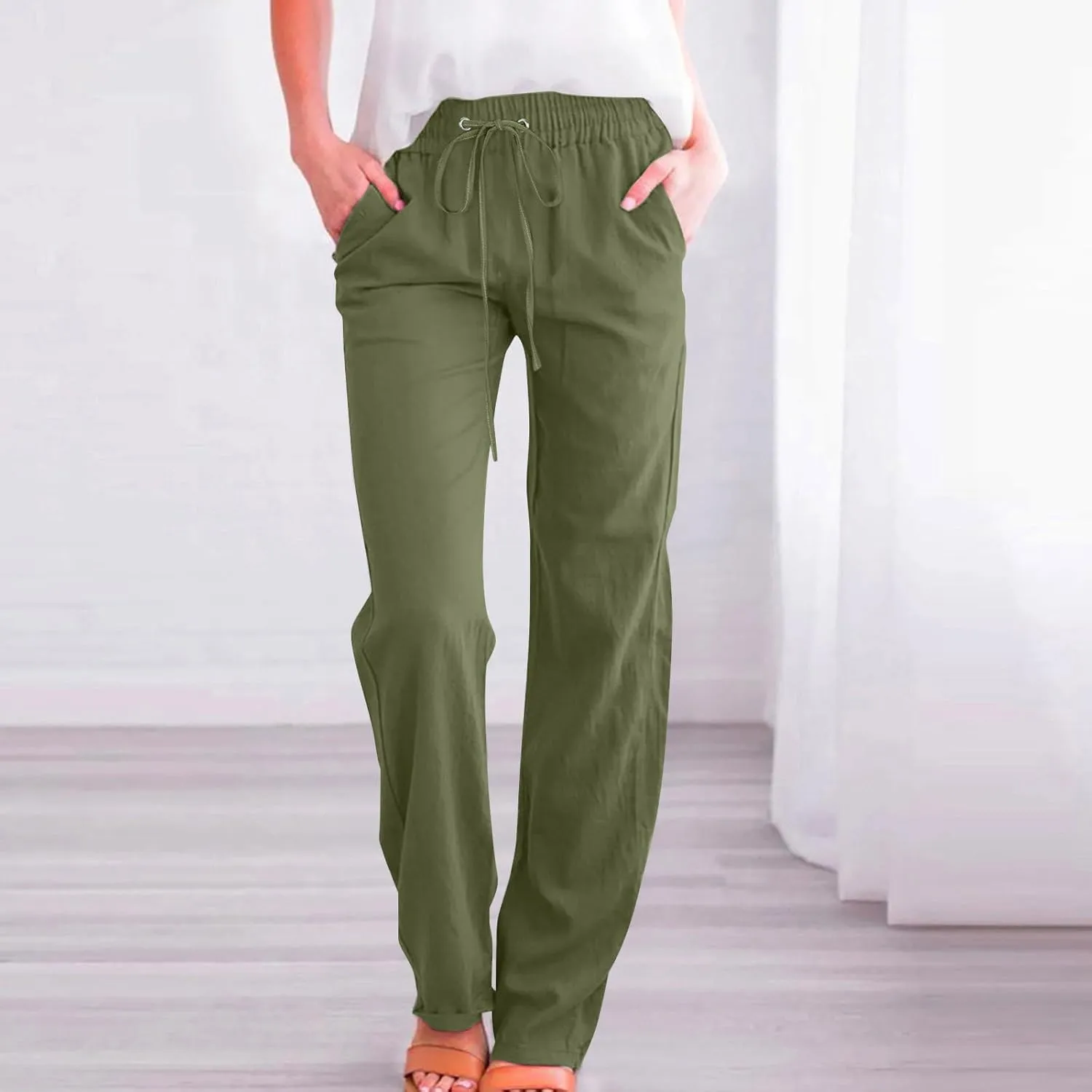 Women Cotton Linen Pants Lightweight Straight Leg Trousers Casual Drawstring Elastic Waist Trousers with Pockets