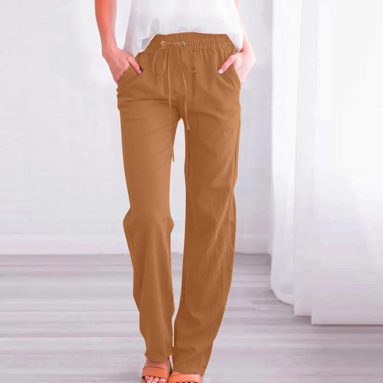 Women Cotton Linen Pants Lightweight Straight Leg Trousers Casual Drawstring Elastic Waist Trousers with Pockets