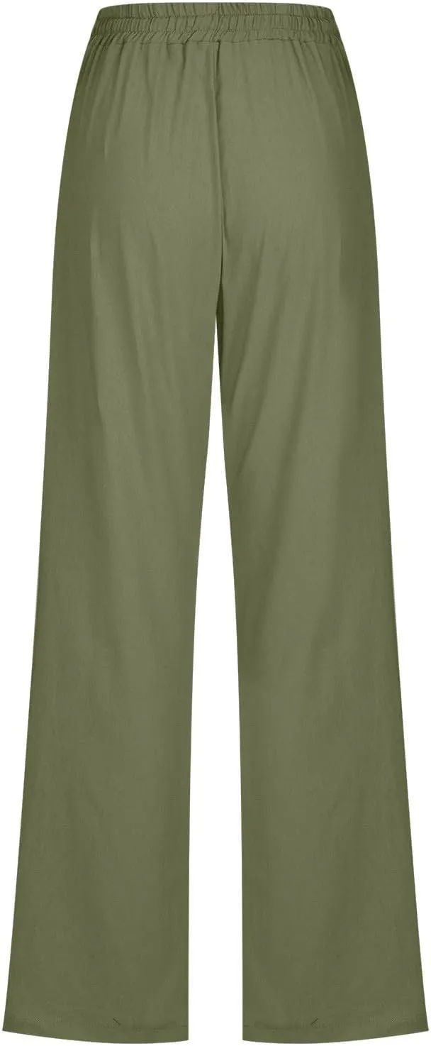 Women Cotton Linen Pants Lightweight Straight Leg Trousers Casual Drawstring Elastic Waist Trousers with Pockets