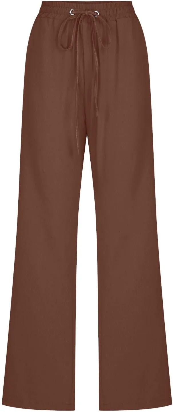Women Cotton Linen Pants Lightweight Straight Leg Trousers Casual Drawstring Elastic Waist Trousers with Pockets