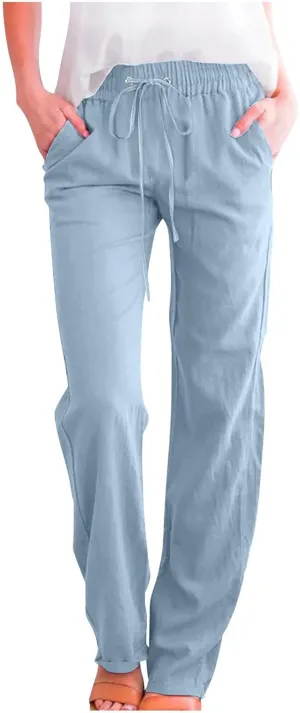 Women Cotton Linen Pants Lightweight Straight Leg Trousers Casual Drawstring Elastic Waist Trousers with Pockets