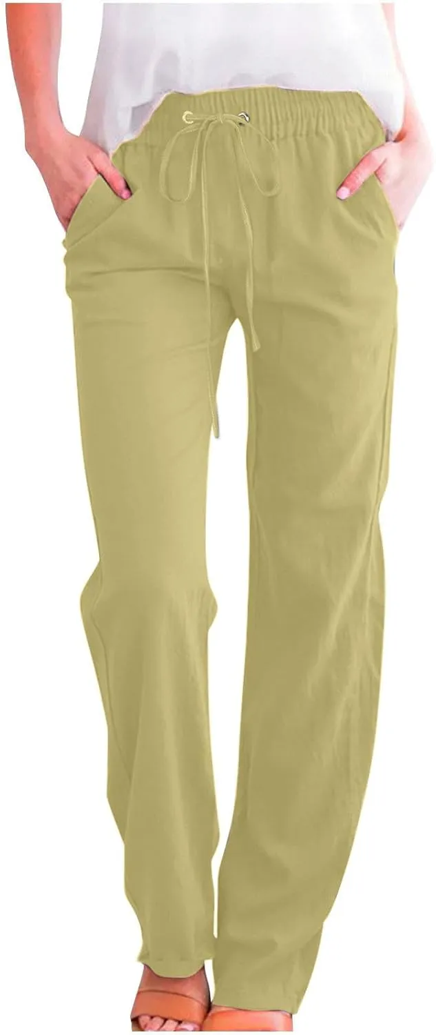 Women Cotton Linen Pants Lightweight Straight Leg Trousers Casual Drawstring Elastic Waist Trousers with Pockets