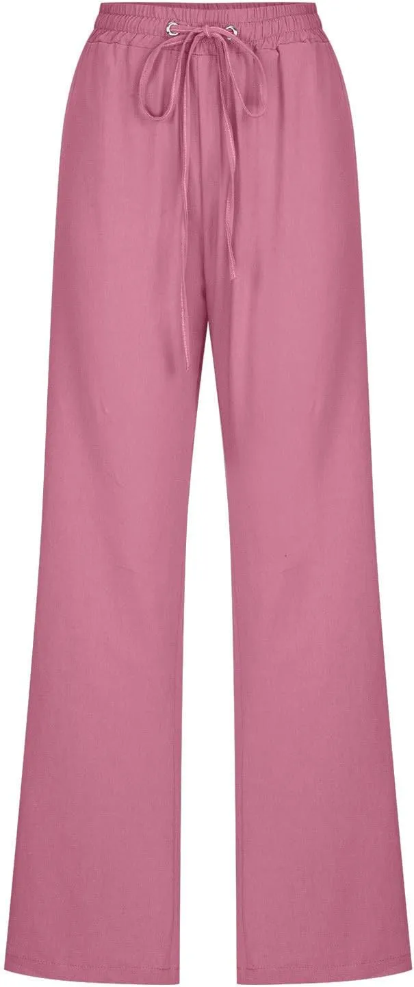 Women Cotton Linen Pants Lightweight Straight Leg Trousers Casual Drawstring Elastic Waist Trousers with Pockets