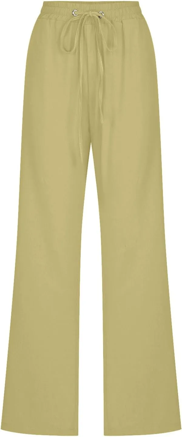 Women Cotton Linen Pants Lightweight Straight Leg Trousers Casual Drawstring Elastic Waist Trousers with Pockets