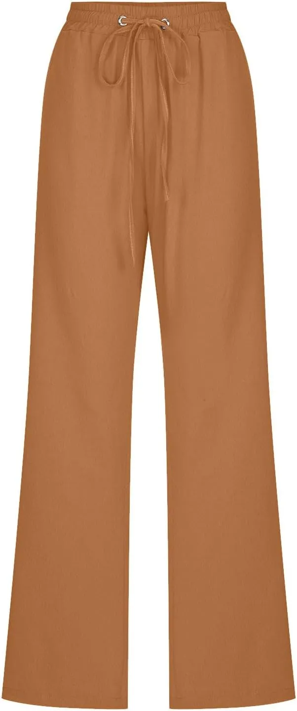 Women Cotton Linen Pants Lightweight Straight Leg Trousers Casual Drawstring Elastic Waist Trousers with Pockets