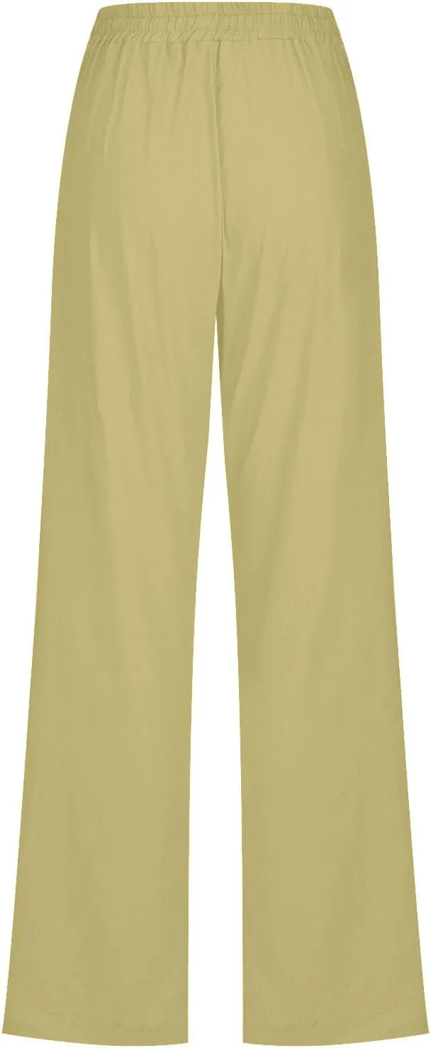 Women Cotton Linen Pants Lightweight Straight Leg Trousers Casual Drawstring Elastic Waist Trousers with Pockets