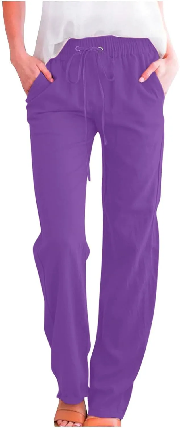 Women Cotton Linen Pants Lightweight Straight Leg Trousers Casual Drawstring Elastic Waist Trousers with Pockets