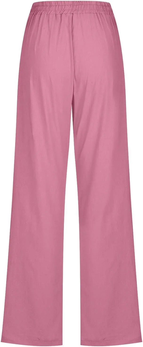 Women Cotton Linen Pants Lightweight Straight Leg Trousers Casual Drawstring Elastic Waist Trousers with Pockets