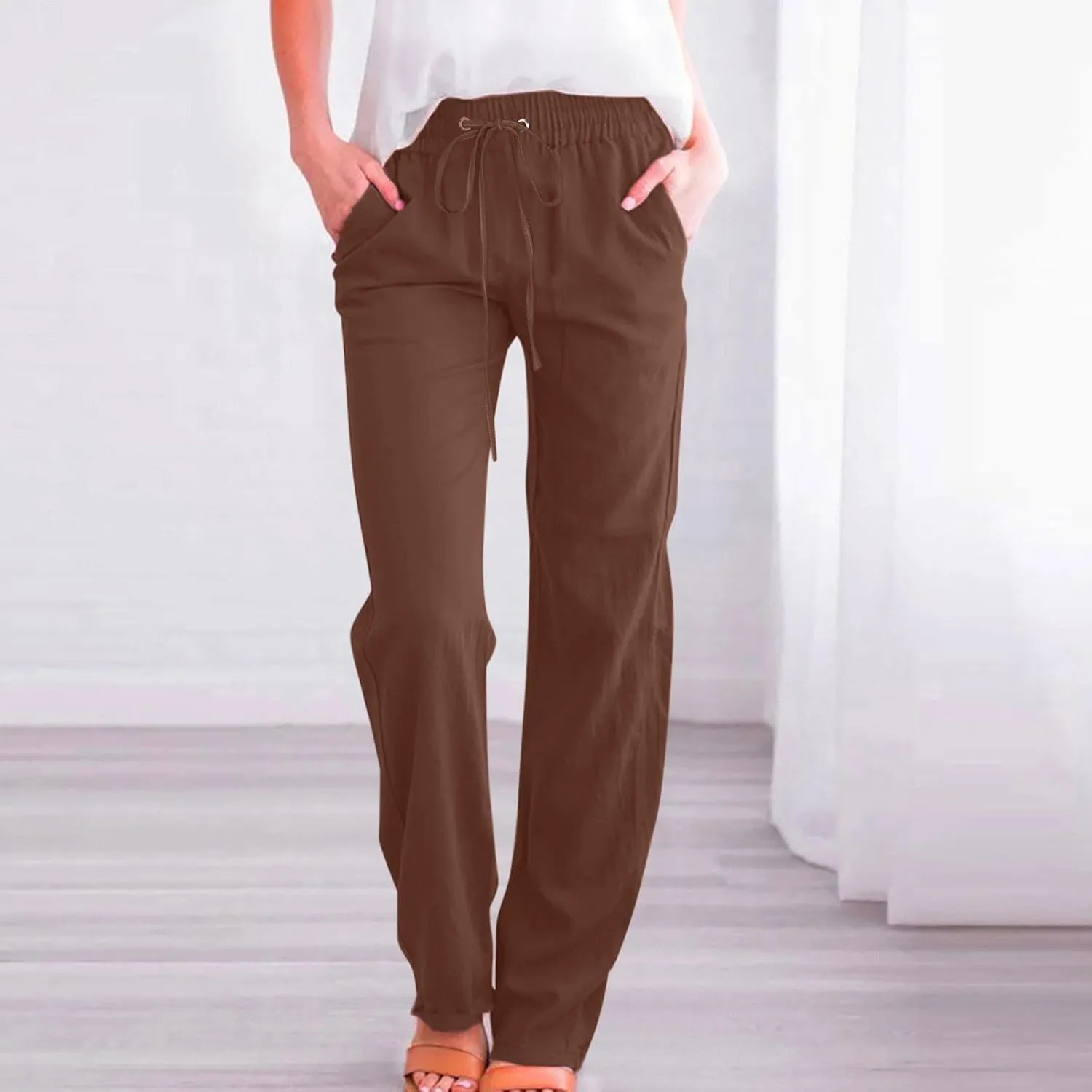 Women Cotton Linen Pants Lightweight Straight Leg Trousers Casual Drawstring Elastic Waist Trousers with Pockets