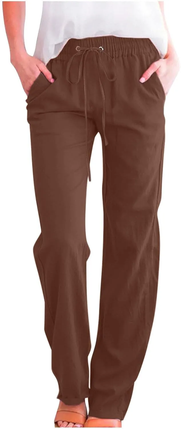 Women Cotton Linen Pants Lightweight Straight Leg Trousers Casual Drawstring Elastic Waist Trousers with Pockets