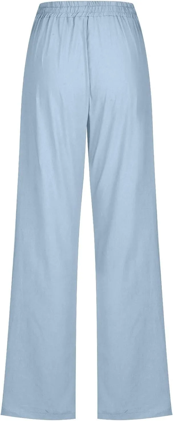 Women Cotton Linen Pants Lightweight Straight Leg Trousers Casual Drawstring Elastic Waist Trousers with Pockets