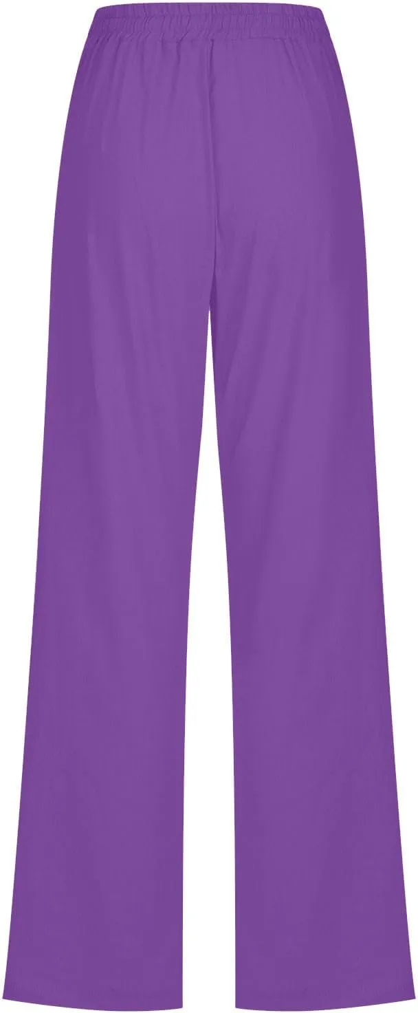 Women Cotton Linen Pants Lightweight Straight Leg Trousers Casual Drawstring Elastic Waist Trousers with Pockets