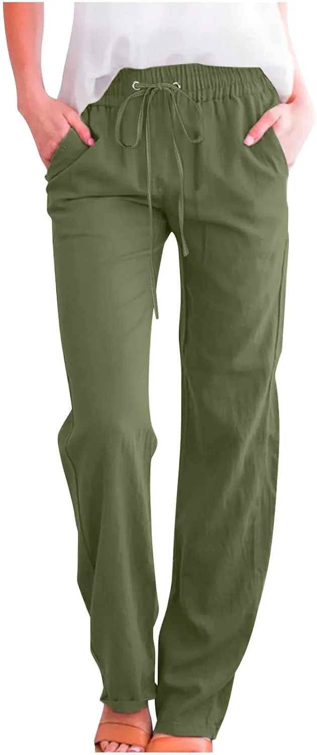 Women Cotton Linen Pants Lightweight Straight Leg Trousers Casual Drawstring Elastic Waist Trousers with Pockets