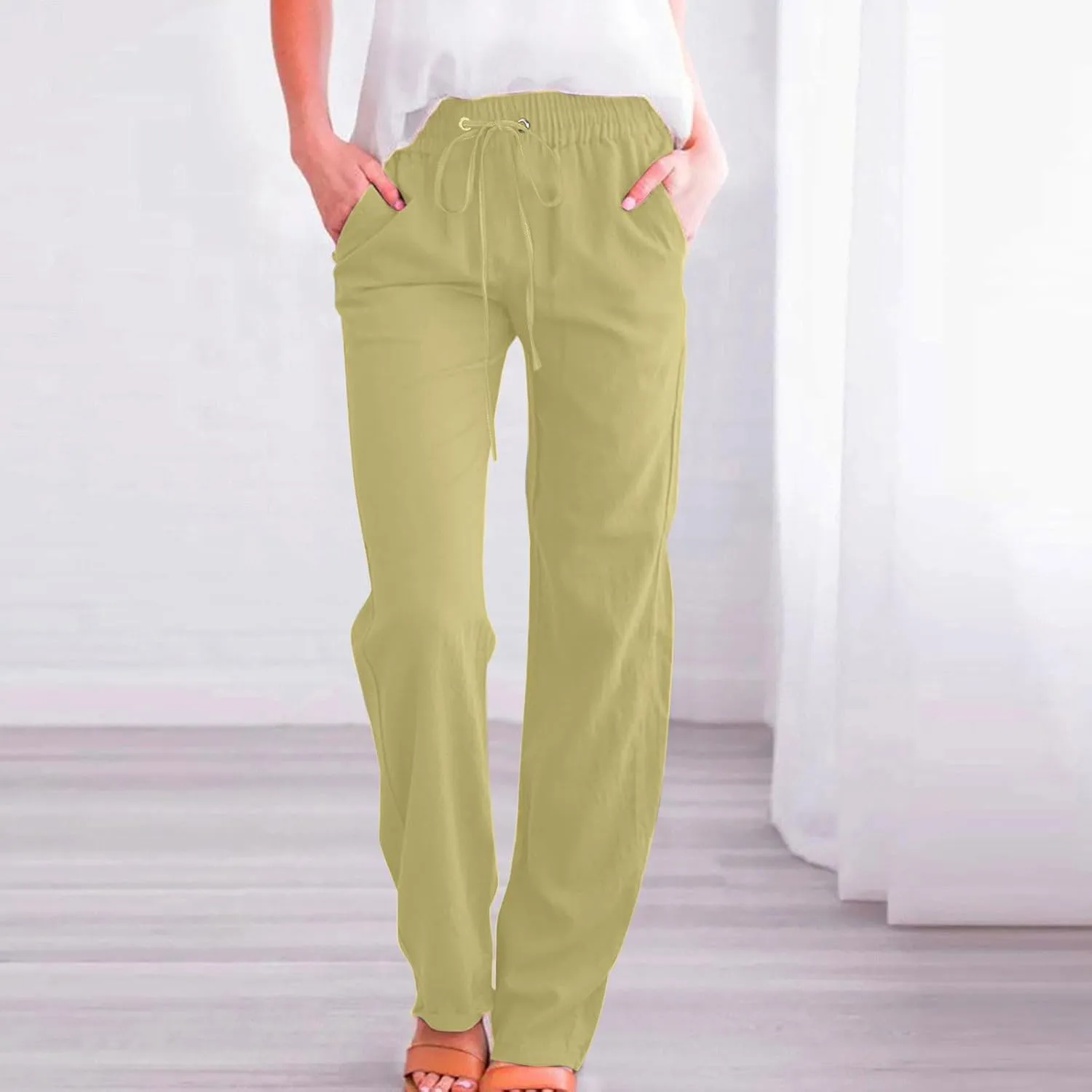 Women Cotton Linen Pants Lightweight Straight Leg Trousers Casual Drawstring Elastic Waist Trousers with Pockets