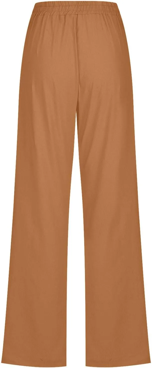 Women Cotton Linen Pants Lightweight Straight Leg Trousers Casual Drawstring Elastic Waist Trousers with Pockets