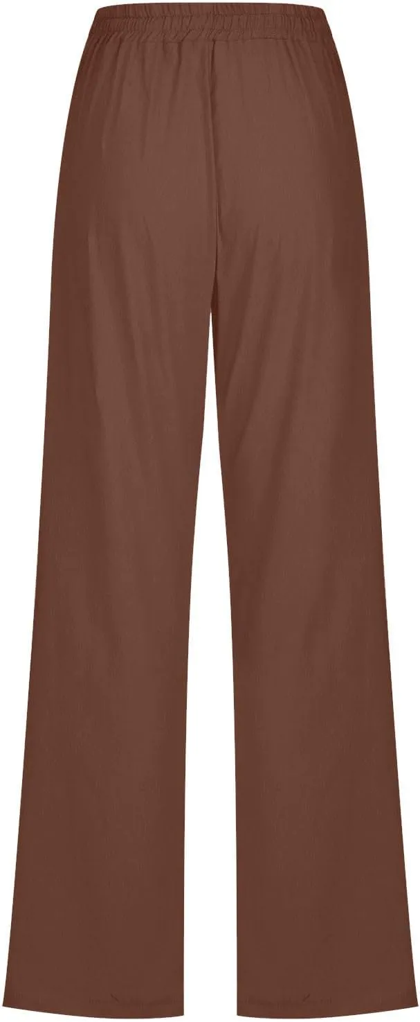Women Cotton Linen Pants Lightweight Straight Leg Trousers Casual Drawstring Elastic Waist Trousers with Pockets
