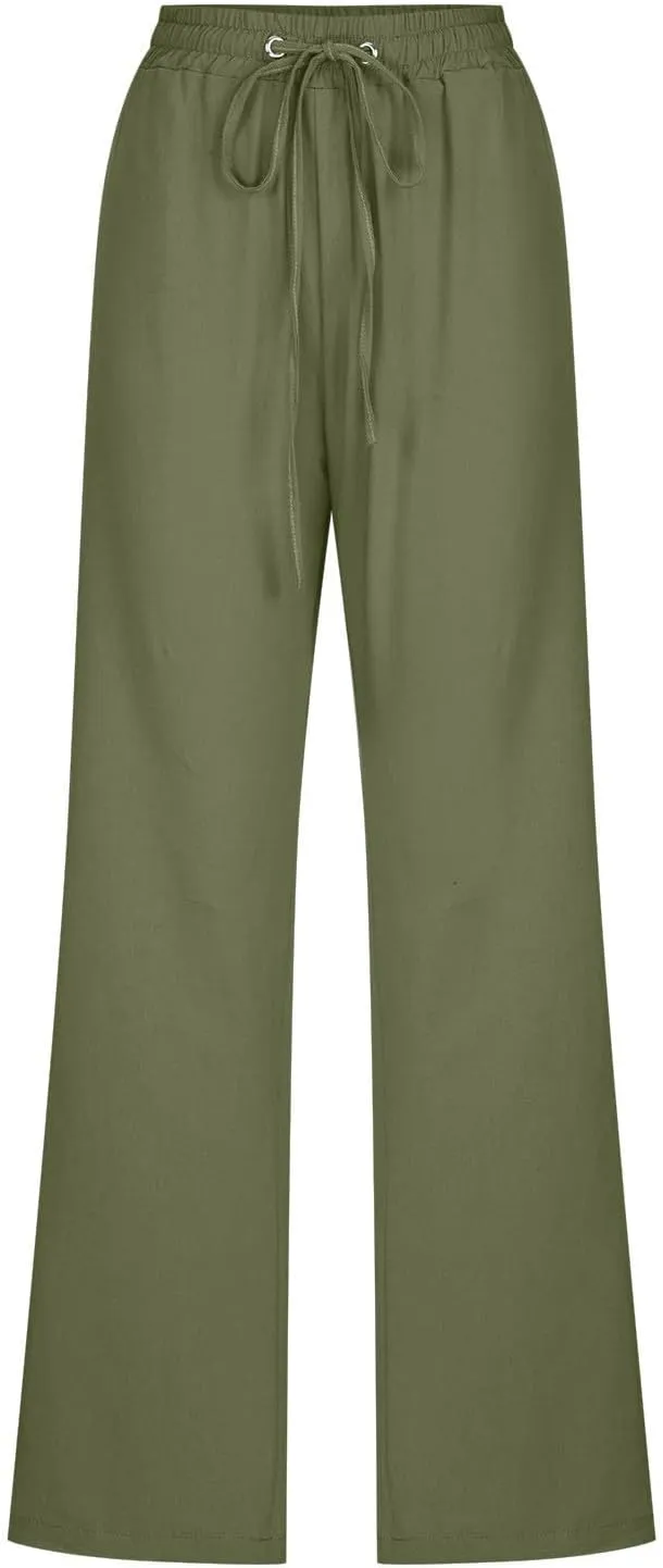Women Cotton Linen Pants Lightweight Straight Leg Trousers Casual Drawstring Elastic Waist Trousers with Pockets