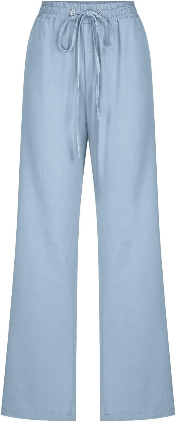 Women Cotton Linen Pants Lightweight Straight Leg Trousers Casual Drawstring Elastic Waist Trousers with Pockets