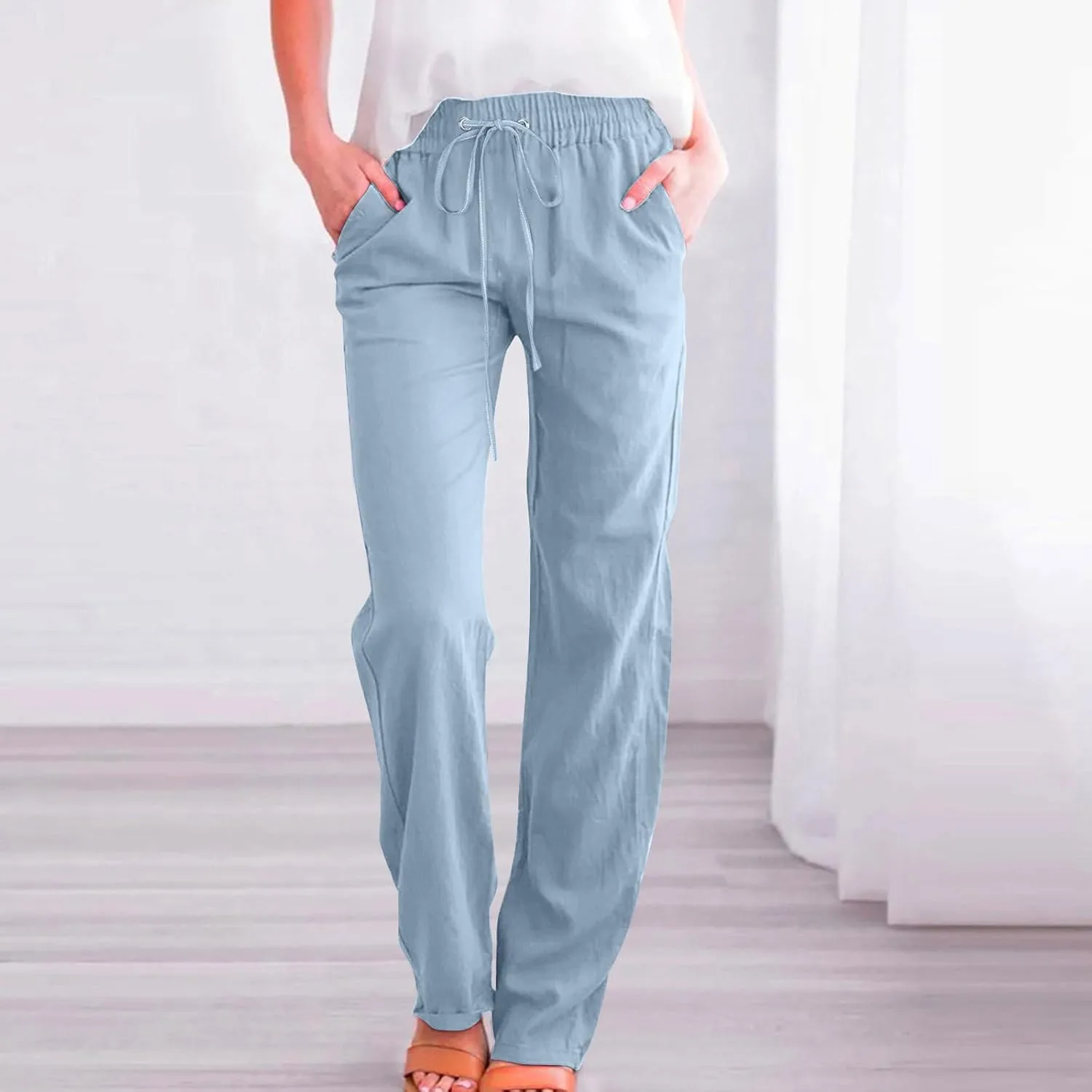 Women Cotton Linen Pants Lightweight Straight Leg Trousers Casual Drawstring Elastic Waist Trousers with Pockets