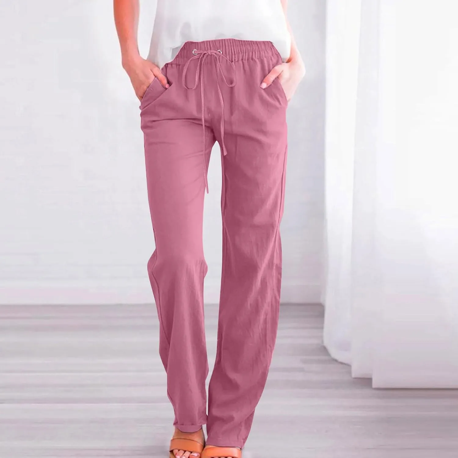 Women Cotton Linen Pants Lightweight Straight Leg Trousers Casual Drawstring Elastic Waist Trousers with Pockets