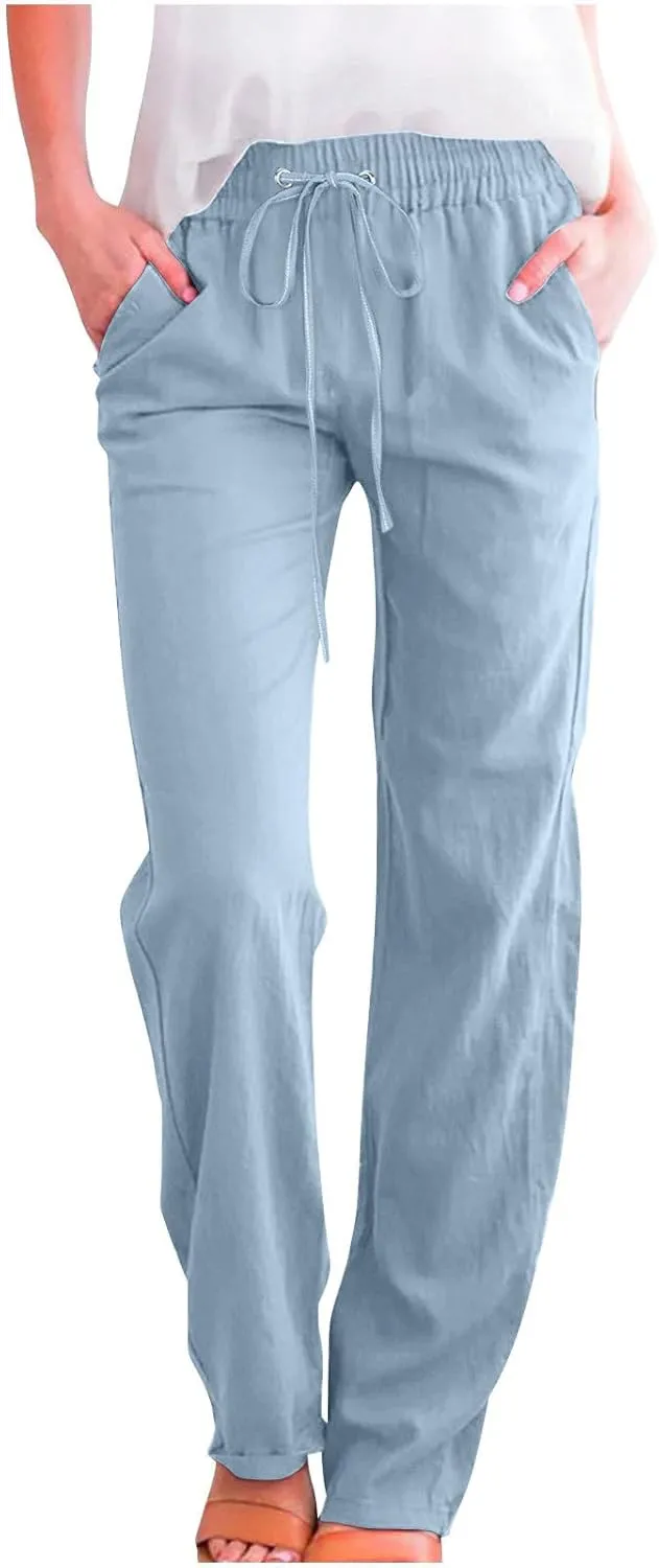Women Cotton Linen Pants Lightweight Straight Leg Trousers Casual Drawstring Elastic Waist Trousers with Pockets