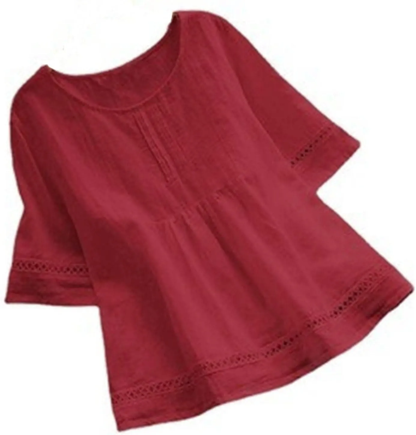 Women Crewneck Half Sleeve Cotton Linen Shirt Blouse Simple Solid Color Tees Shirts Loose Casual Tops