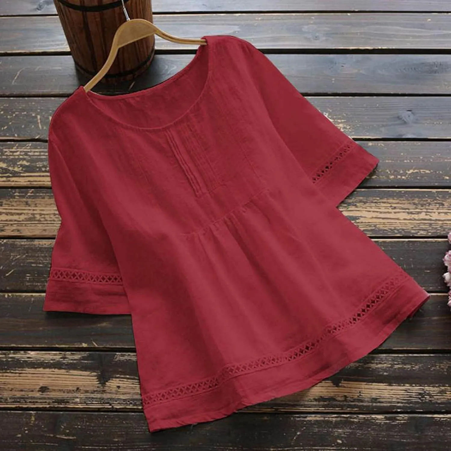 Women Crewneck Half Sleeve Cotton Linen Shirt Blouse Simple Solid Color Tees Shirts Loose Casual Tops