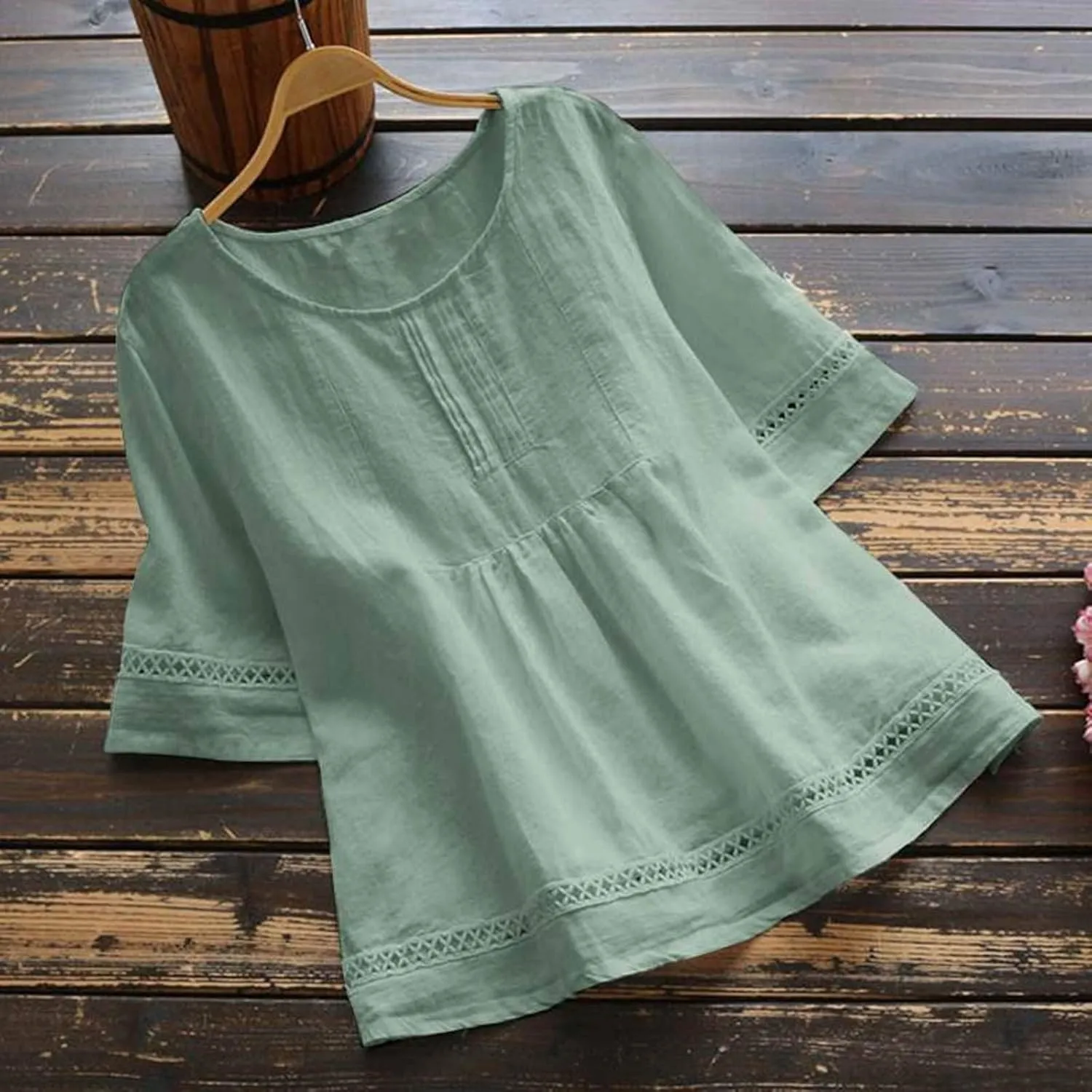 Women Crewneck Half Sleeve Cotton Linen Shirt Blouse Simple Solid Color Tees Shirts Loose Casual Tops