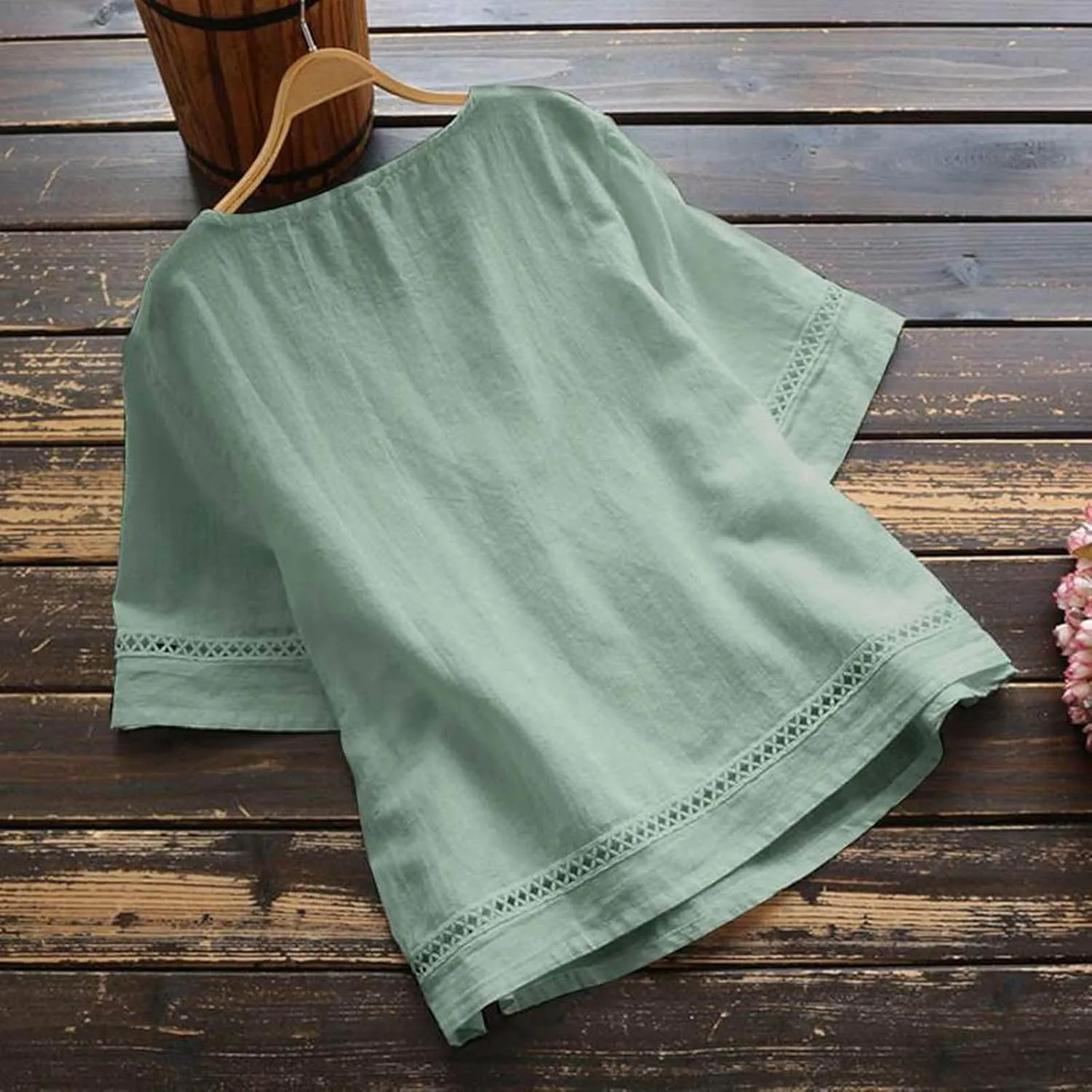 Women Crewneck Half Sleeve Cotton Linen Shirt Blouse Simple Solid Color Tees Shirts Loose Casual Tops