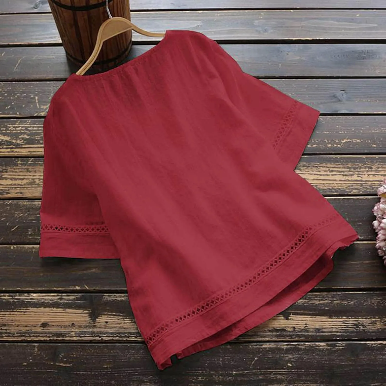 Women Crewneck Half Sleeve Cotton Linen Shirt Blouse Simple Solid Color Tees Shirts Loose Casual Tops