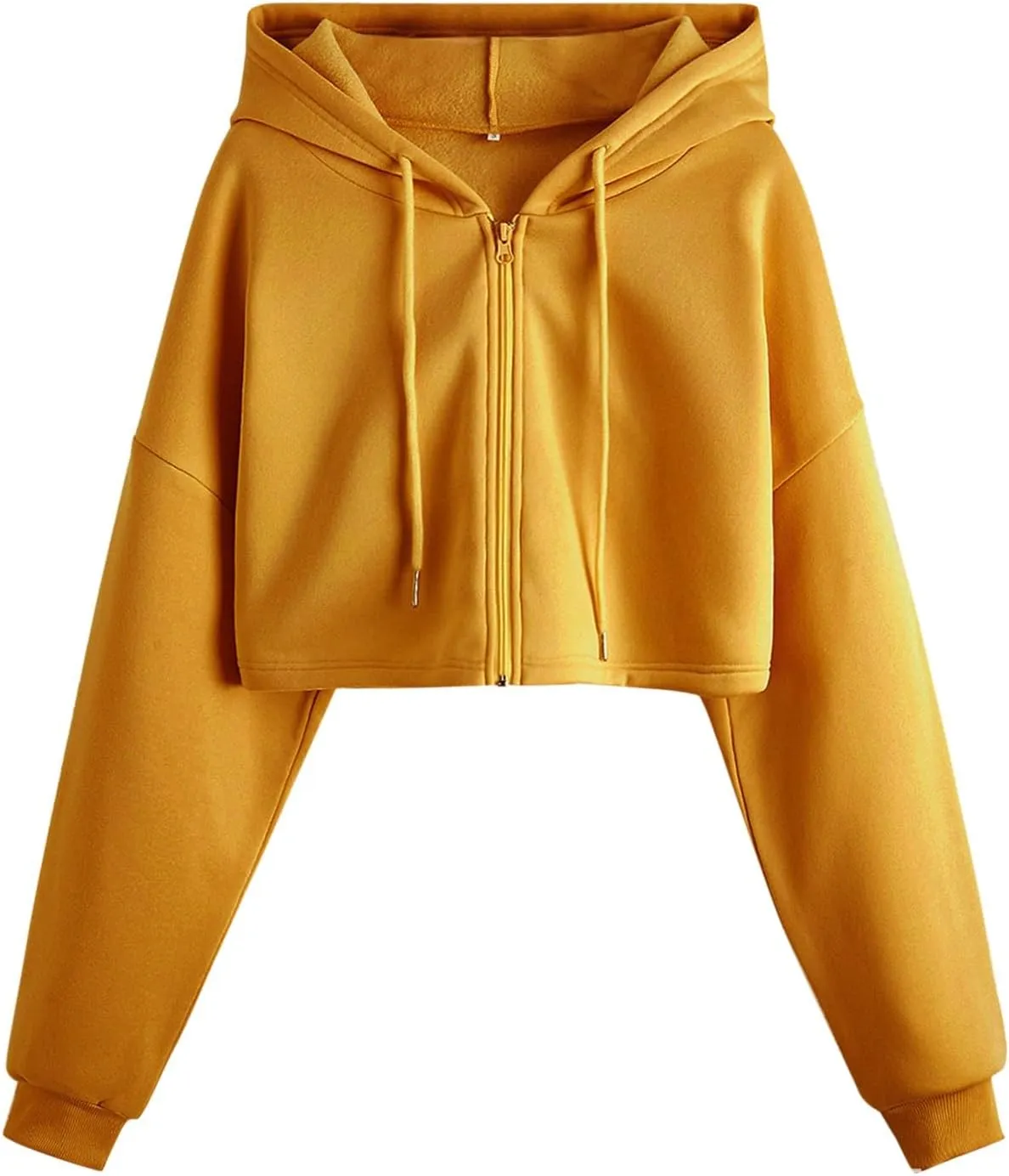 Women Fleece Hoodies Full Zip Cropped Hoodie Sweatshirt Long Sleeve Solid Color Drawstring Hooded Pullover Cute Jacket