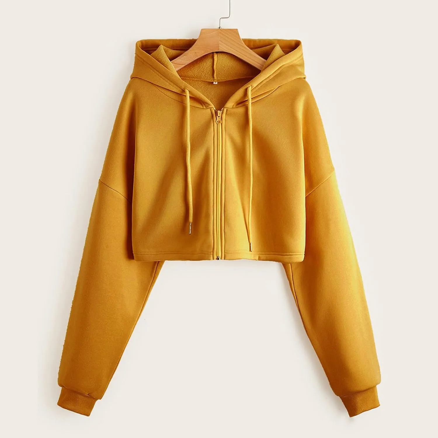 Women Fleece Hoodies Full Zip Cropped Hoodie Sweatshirt Long Sleeve Solid Color Drawstring Hooded Pullover Cute Jacket
