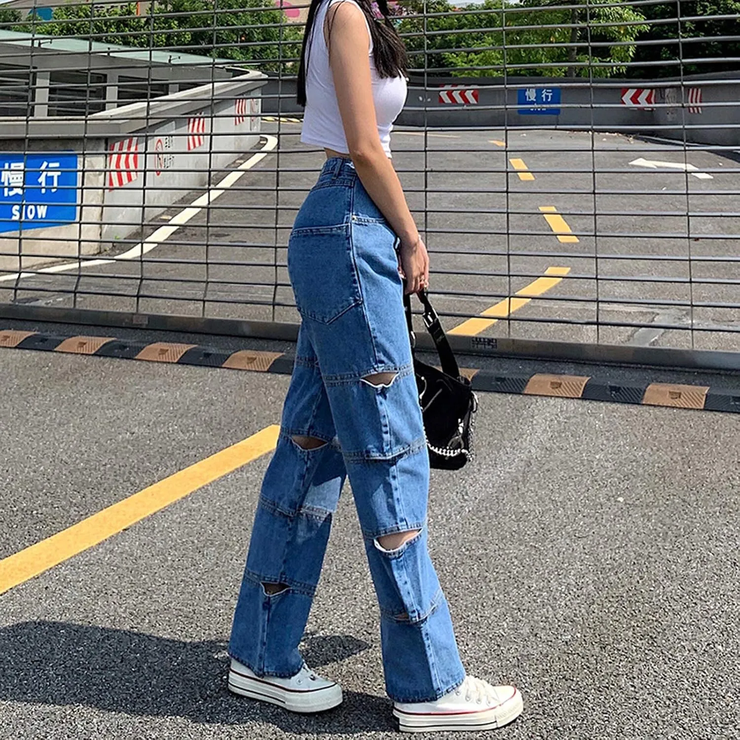 Women High Waist Wide Leg Jeans Pants Casual E-Girls Baggy Straight Denim Trousers Streetwear