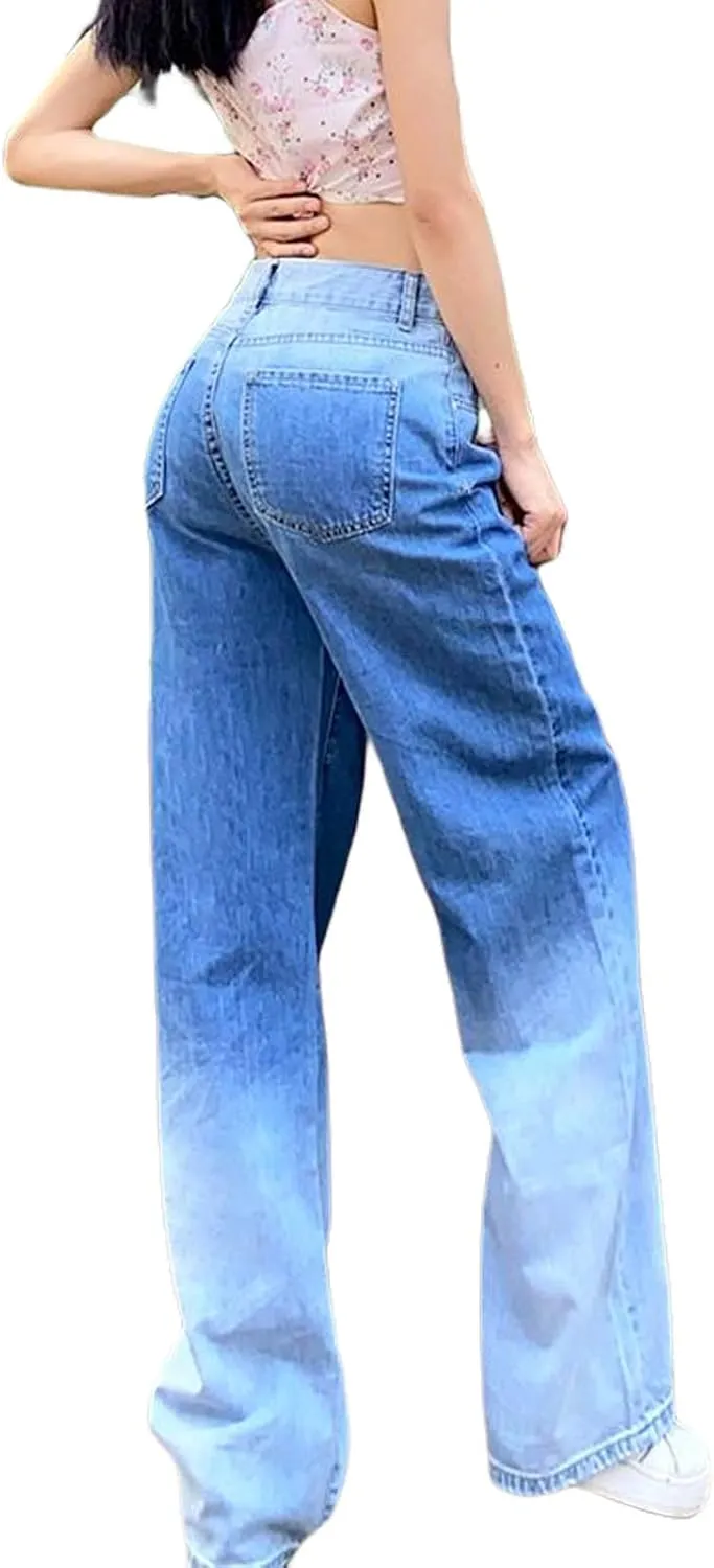Women High Waist Wide Leg Jeans Pants Casual E-Girls Baggy Straight Denim Trousers Streetwear