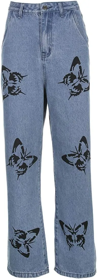 Women High Waist Wide Leg Jeans Pants Casual E-Girls Baggy Straight Denim Trousers Streetwear