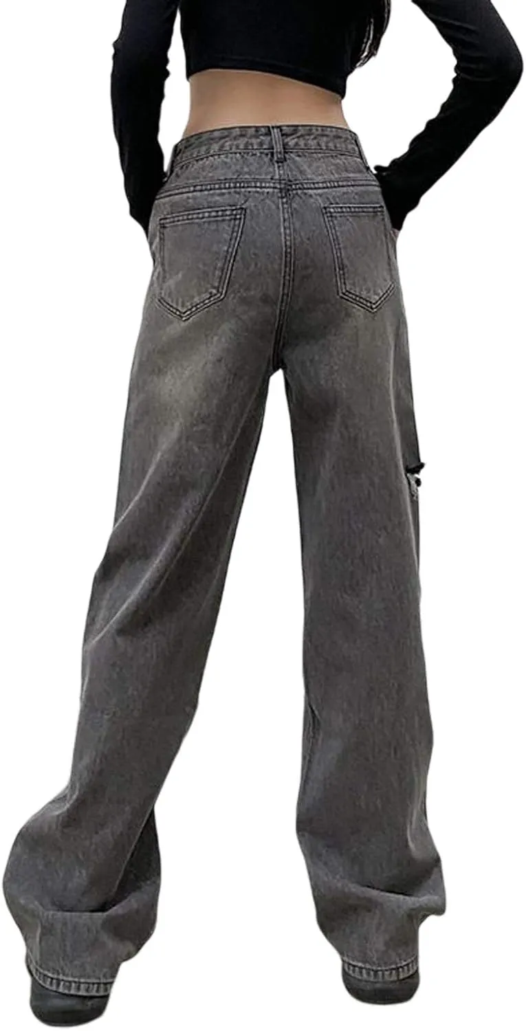 Women High Waist Wide Leg Jeans Pants Casual E-Girls Baggy Straight Denim Trousers Streetwear