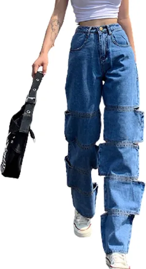 Women High Waist Wide Leg Jeans Pants Casual E-Girls Baggy Straight Denim Trousers Streetwear