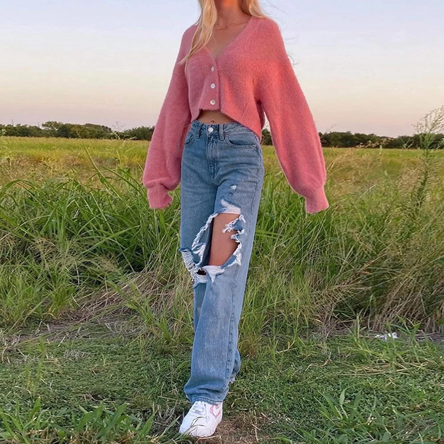 Women High Waist Wide Leg Jeans Pants Casual E-Girls Baggy Straight Denim Trousers Streetwear