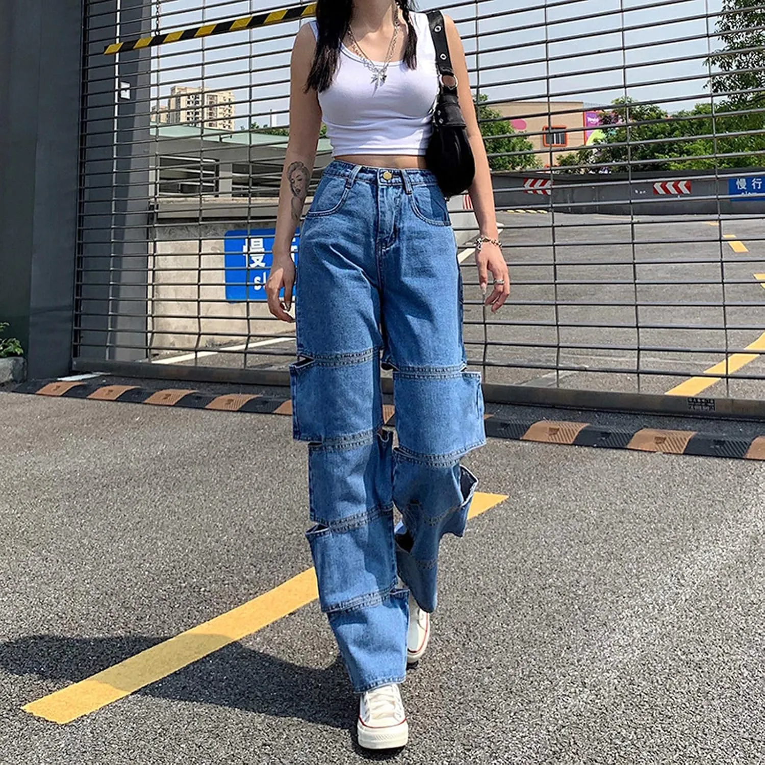 Women High Waist Wide Leg Jeans Pants Casual E-Girls Baggy Straight Denim Trousers Streetwear