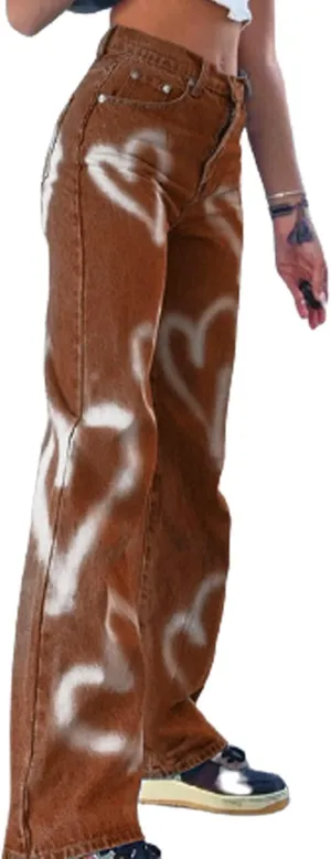 Women High Waist Wide Leg Jeans Pants Casual E-Girls Baggy Straight Denim Trousers Streetwear
