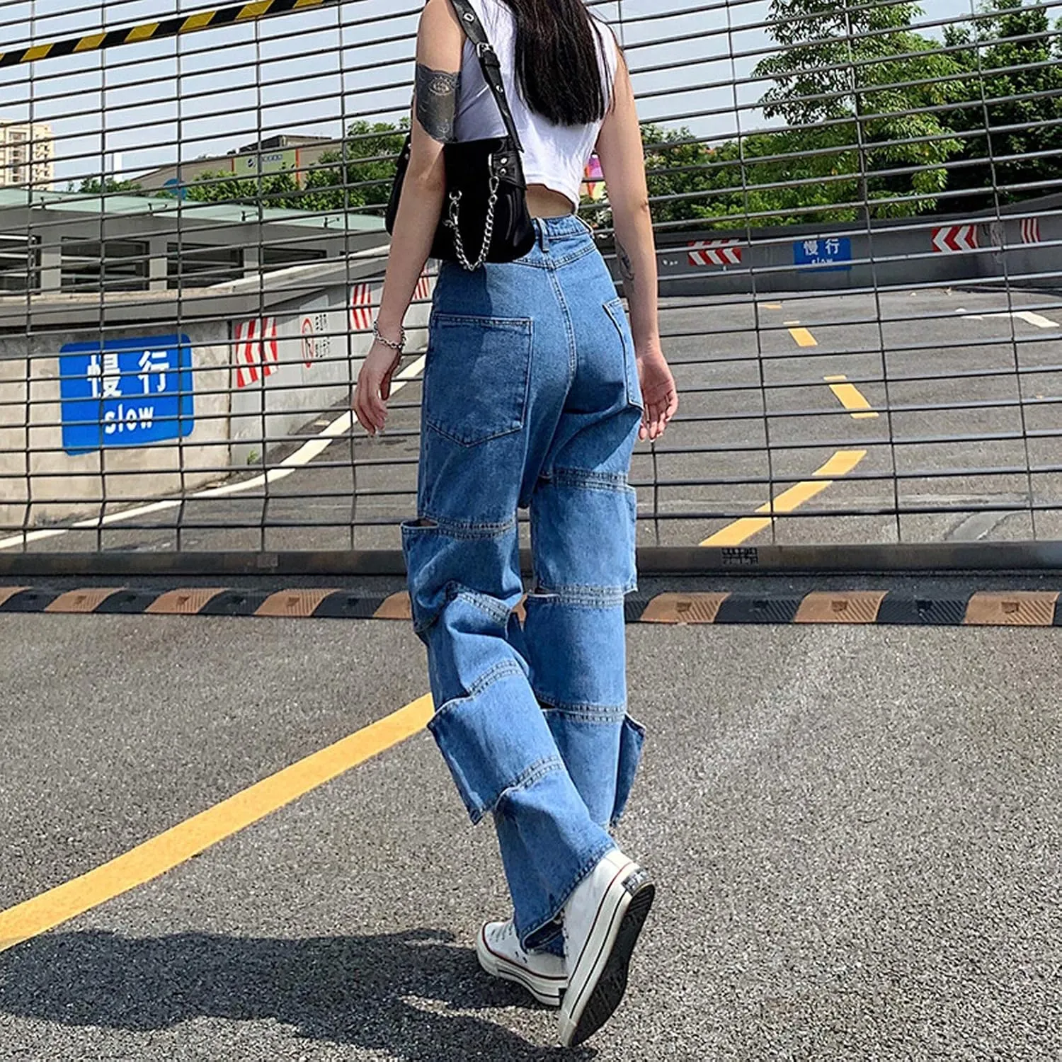 Women High Waist Wide Leg Jeans Pants Casual E-Girls Baggy Straight Denim Trousers Streetwear
