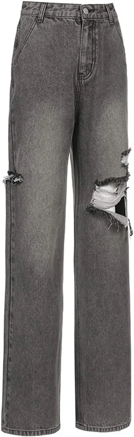 Women High Waist Wide Leg Jeans Pants Casual E-Girls Baggy Straight Denim Trousers Streetwear