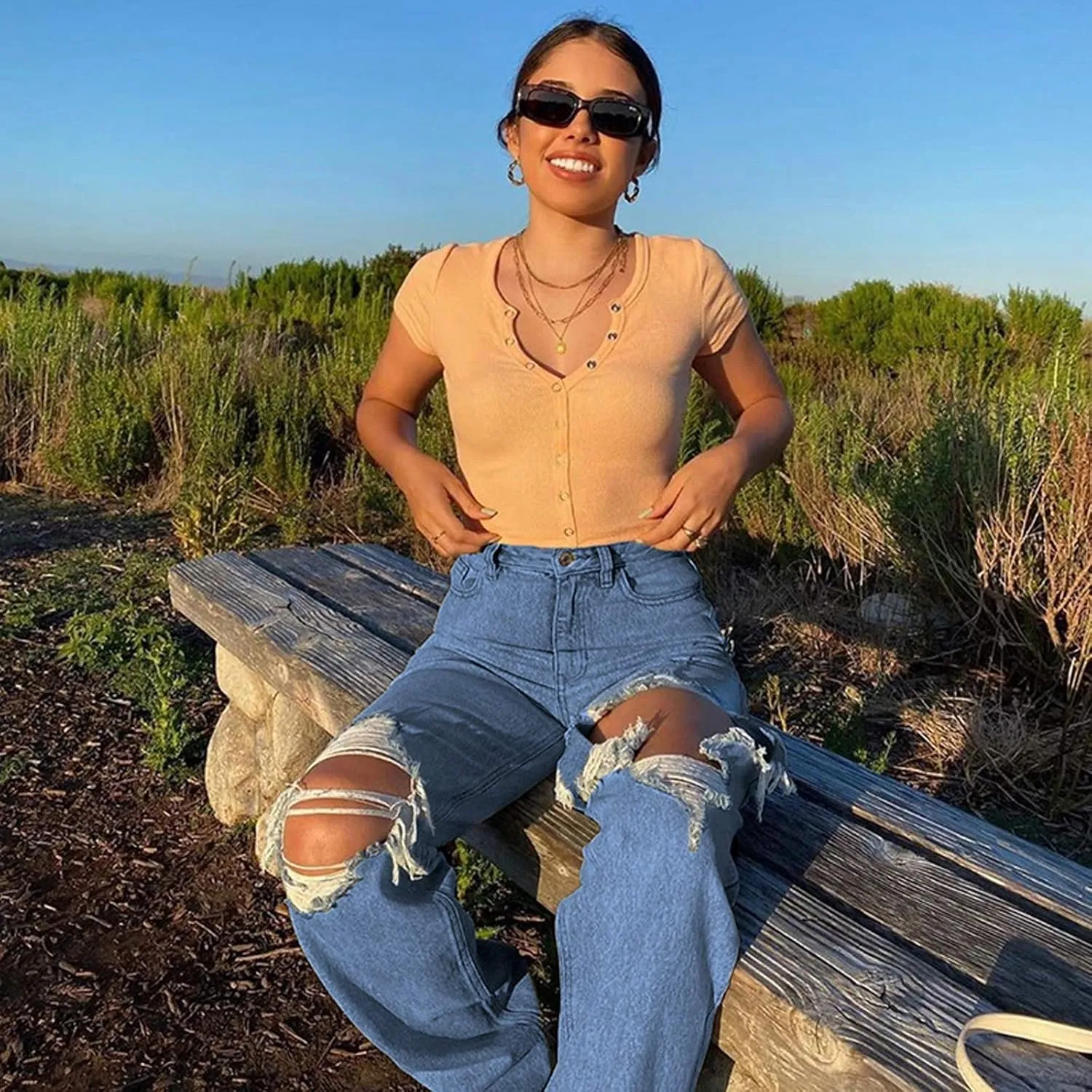 Women High Waist Wide Leg Jeans Pants Casual E-Girls Baggy Straight Denim Trousers Streetwear