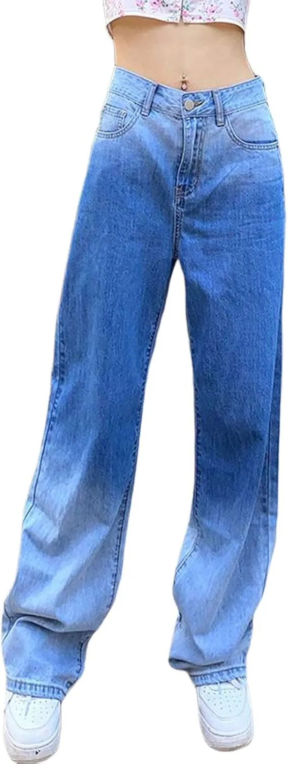 Women High Waist Wide Leg Jeans Pants Casual E-Girls Baggy Straight Denim Trousers Streetwear