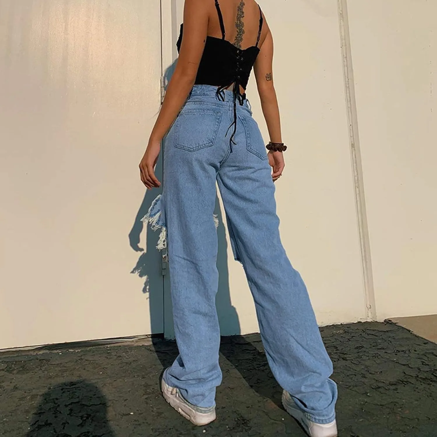 Women High Waist Wide Leg Jeans Pants Casual E-Girls Baggy Straight Denim Trousers Streetwear
