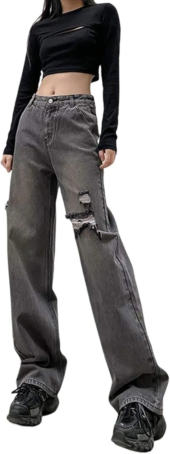 Women High Waist Wide Leg Jeans Pants Casual E-Girls Baggy Straight Denim Trousers Streetwear